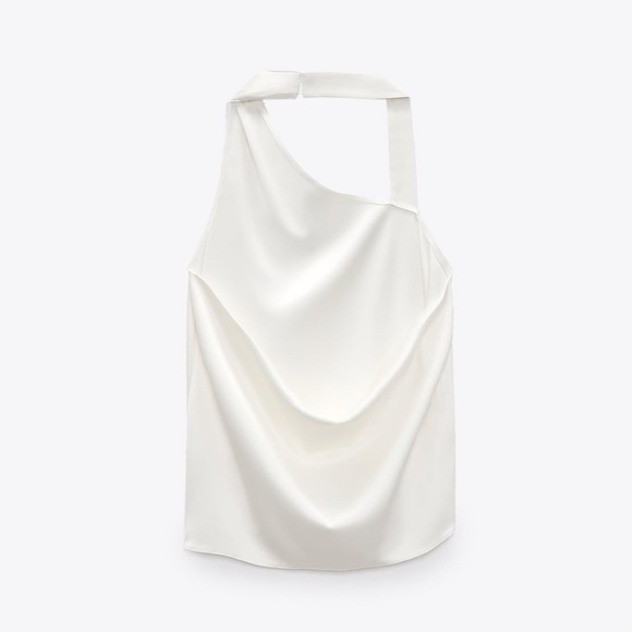 Zara NWT Asymmetrical satin white halter top with draped open back detail - Picture 7 of 9